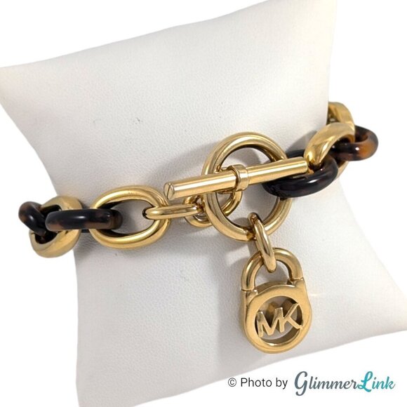 Michael Kors Faux Tortoise Shell MK Toggle Link Gold Tone Bracelet - Picture 1 of 8